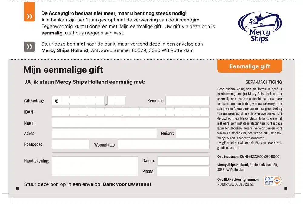 Voorbeeld formulier Mijn Eenmalige Gift voor Mercy Ships